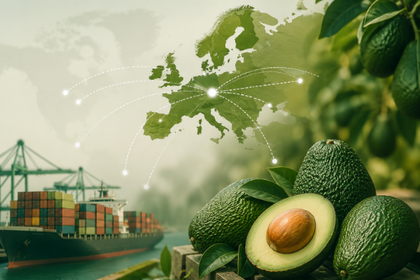 Ilustración conceptual del comercio internacional de aguacate en Europa.