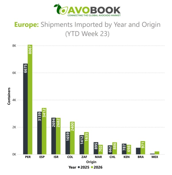 Evolution of total accumulated volume and distribution by origin in the European market (YTD Week 23, 2025 vs 2026).