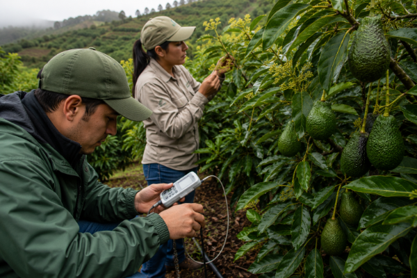 Agricultural technicians performing phytosanitary monitoring and humidity control in an avocado orchard.