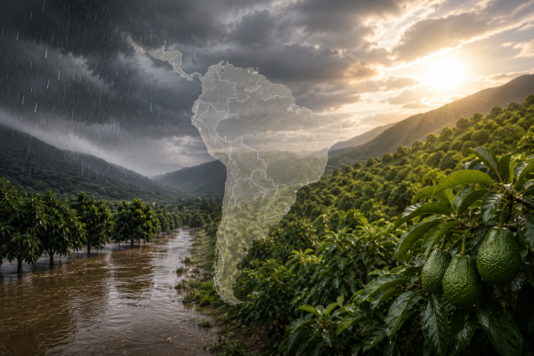 Campo de aguacates dividido por los efectos climáticos del Súper Niño en Sudamérica.