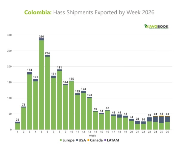 Bar chart detailing weekly shipments of Hass avocados from Colombia by destination market during the first half of 2026.