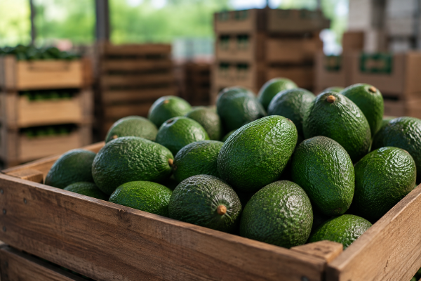 Fresh Hass avocados in a wooden crate at a wholesale distribution center.
