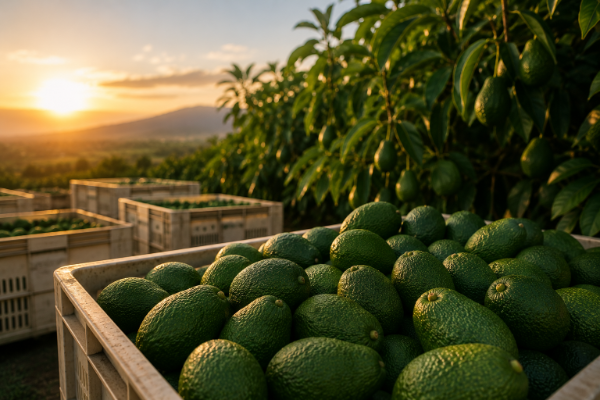 Freshly harvested Hass avocados from Jalisco, packed in agricultural crates for export to Canada.