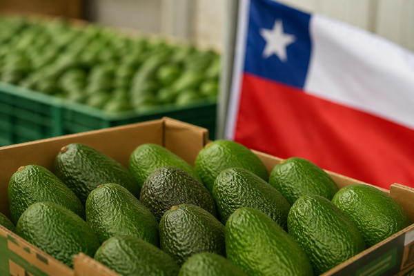 Boxes of Hass avocados in export packaging with the Chilean flag in the background.
