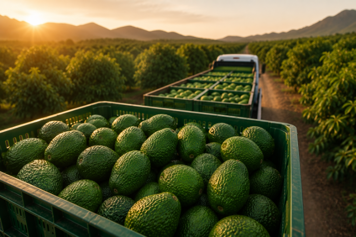 Boxes harvested with fresh Hass avocados in a Peruvian orchard during the export season.