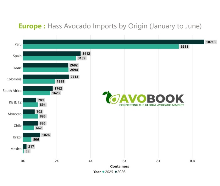 Bar chart showing the comparison of Hass avocado imports in Europe by origin between 2025 and 2026.