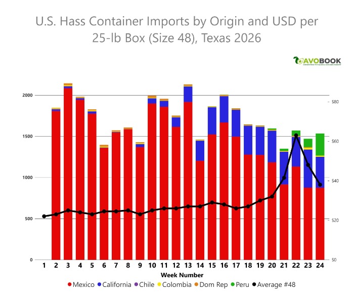 Gráfico de importación de contenedores de aguacate por origen y precio promedio en EE. UU. 2026. 