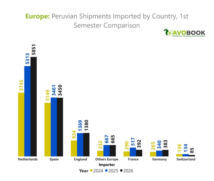 Gráfico comparativo de envíos de aguacate peruano por país importador en Europa.