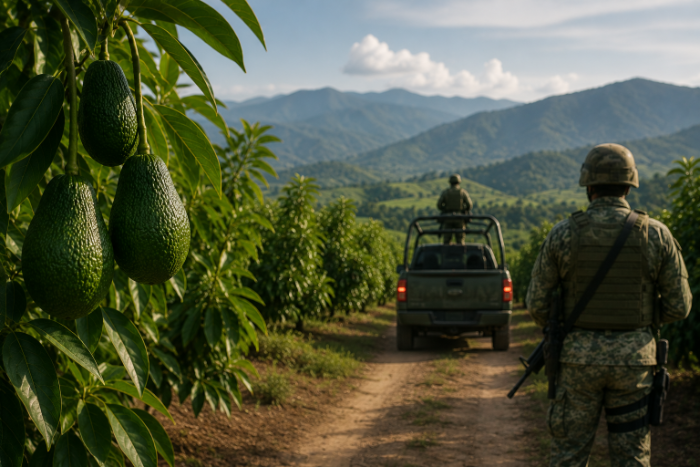 Efectivos militares resguardando las hileras de un huerto de paltas en Michoacán, México.