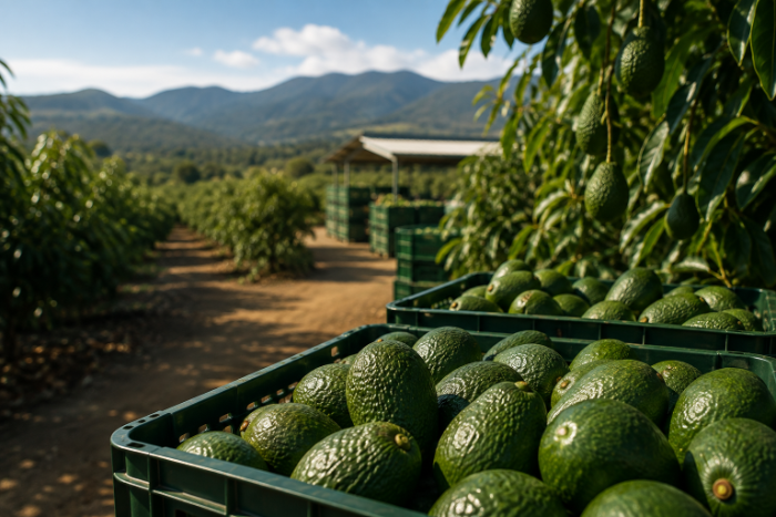 Cajas cosechadas de aguacate Hass en primer plano en un huerto mexicano durante el inicio de temporada. 