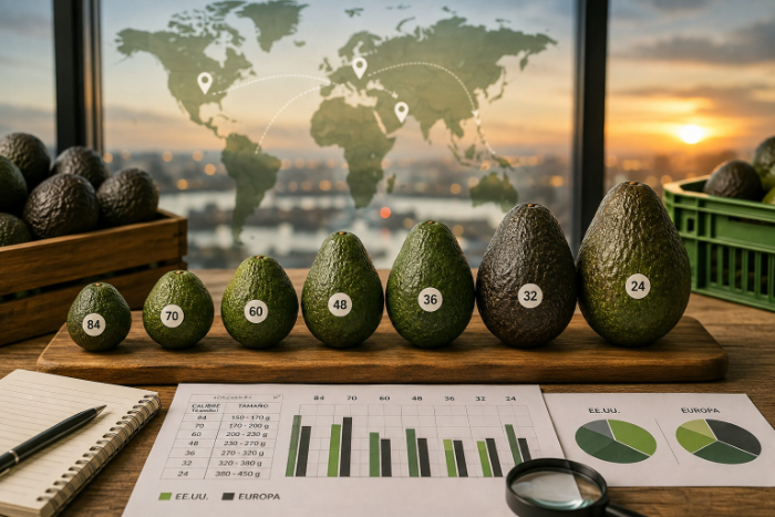 Avocados labeled by size on a wooden table next to market reports and a global map.