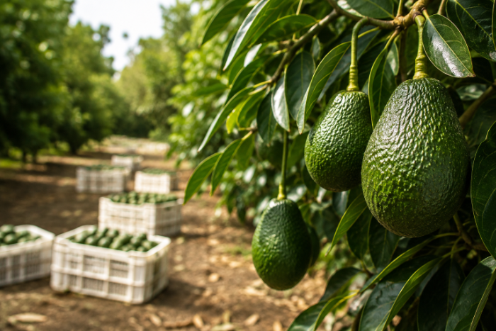 Cosecha de aguacate en huerto con cajas listas para recolección