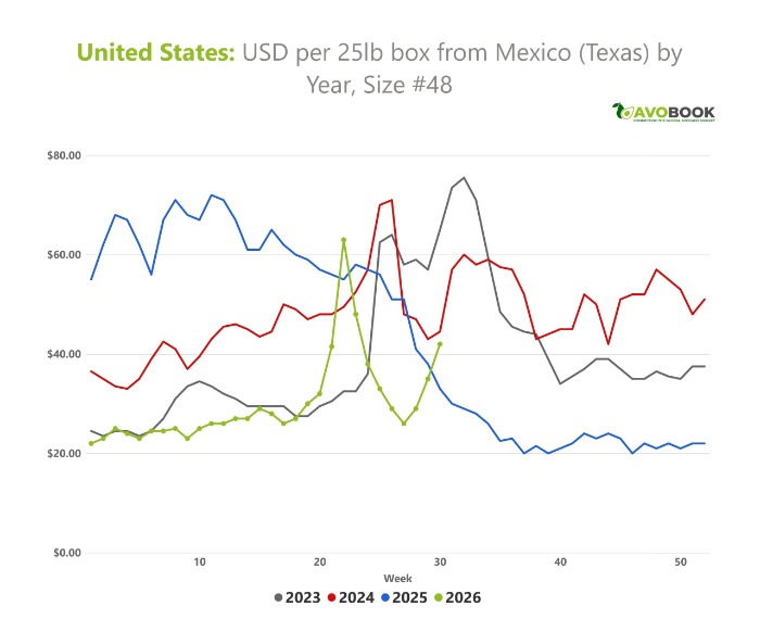Gráfico histórico de precios FOB Texas de aguacate mexicano calibre 48 por caja de 25 lb (2023-2026) 