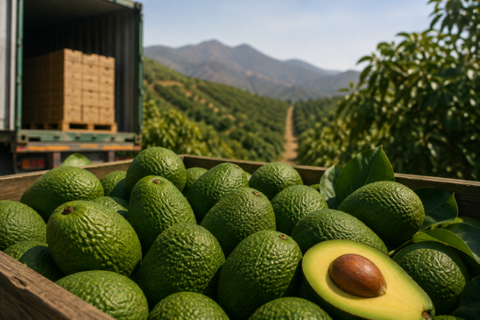 Cajas de paltas frescas recién cosechadas frente a un contenedor de exportación en un huerto agrícola.