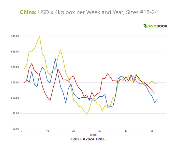 Gráfico de precios semanales en dólares por caja de 4kg para calibres 18-24 de aguacate en China (2023-2025).