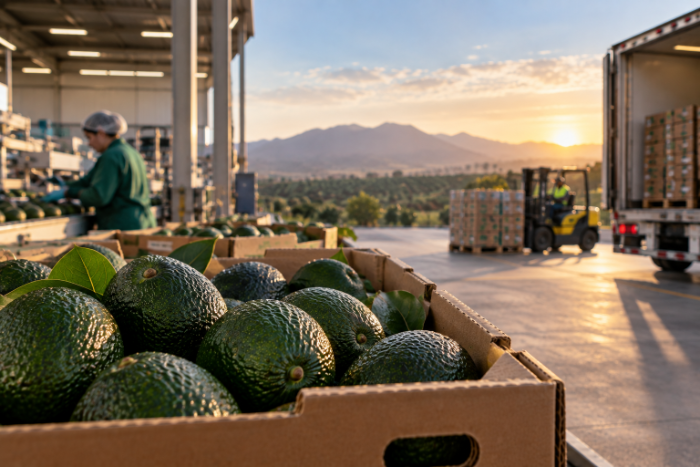 Cajas de aguacates Hass listos para exportación en una planta empacadora con grúa horquilla y camión de carga al atardecer.