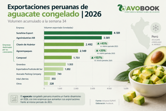 Infografía del Top de empresas exportadoras de palta IQF congelada en Perú a la semana 34 de 2026 basada en datos de Aduanas/SUNAT.