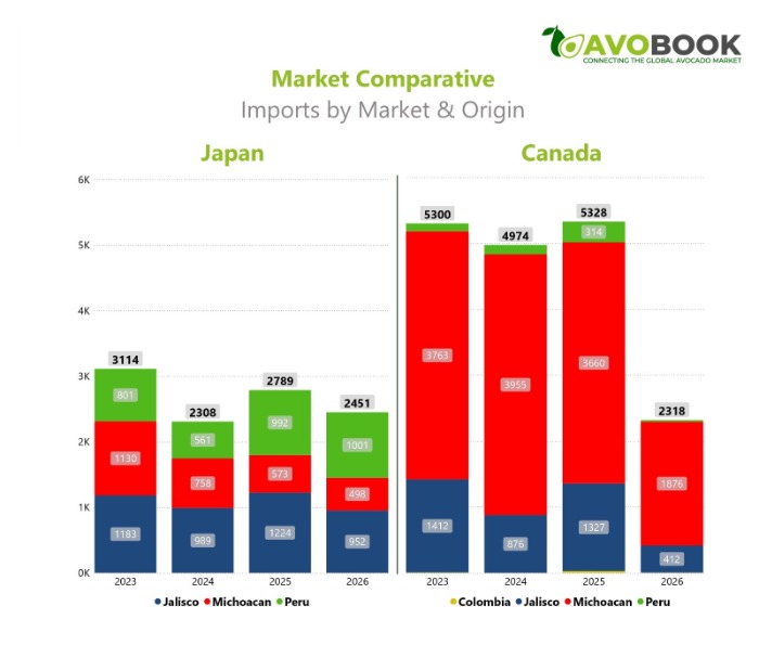 Comparative chart from AvoBook analyzing avocado imports by origin in Japan and Canada between 2023 and 2026.