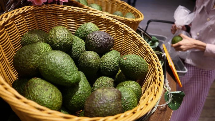 Canastas de mimbre llenas de aguacates Hass en un mercado o punto de venta.