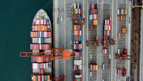 Aerial view of a container ship moored in a commercial port unloading refrigerated containers for maritime export.