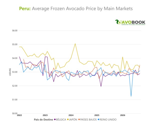 Gráfico de líneas que muestra el precio promedio en USD por kilo del aguacate congelado peruano según destino.