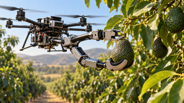 Harvesting drone with robotic arms holding a fresh avocado directly from the tree branch in an orchard.