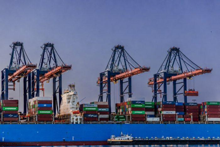  Grúas portuarias descargando contenedores de transporte marítimo de fruta en un puerto europeo.