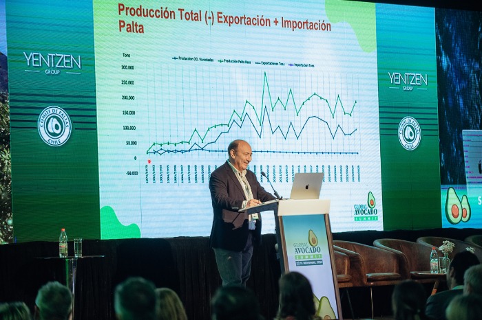 Gabriel Alarcón, gerente general de Bagno, exponiendo sobre el mercado interno de la palta en Chile durante el Global Avocado Summit 2024.